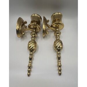 Century Solid Brass Wall Sconce Pair Handcrafted Spindle Candle Holder India 10"